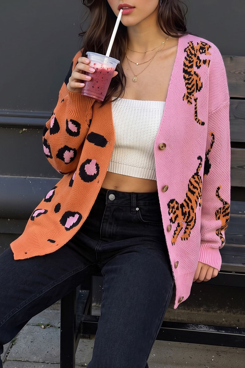 Animal Print V-Neck Button Front Cardigan