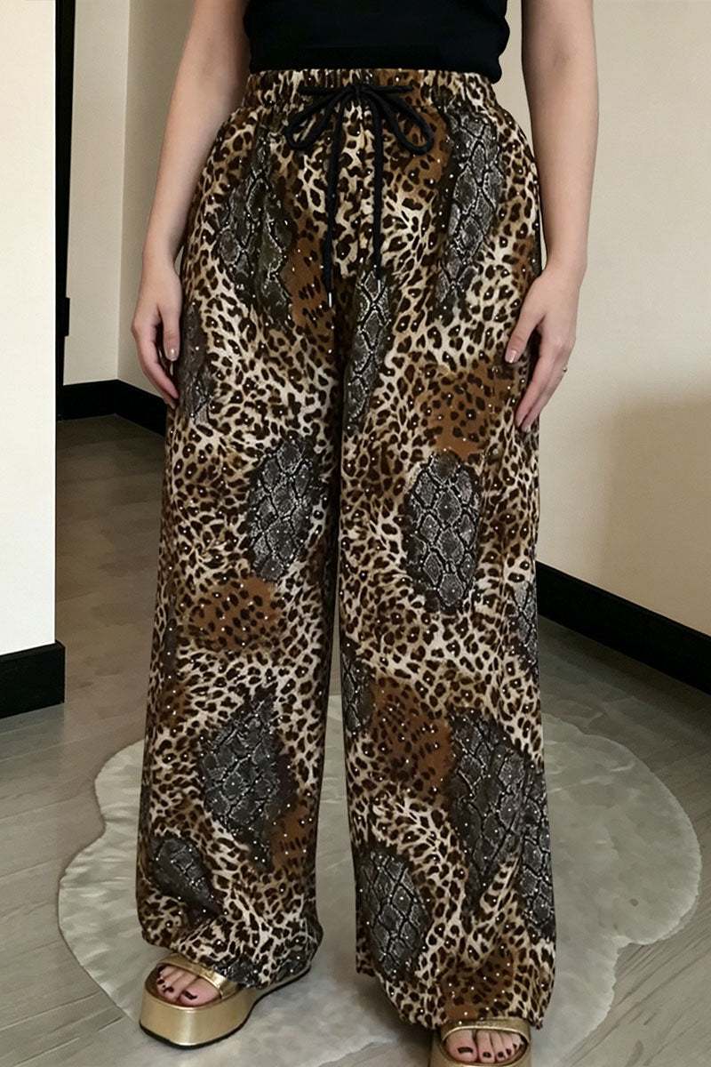 Animal Print Drawstring Wide Leg Casual Pants