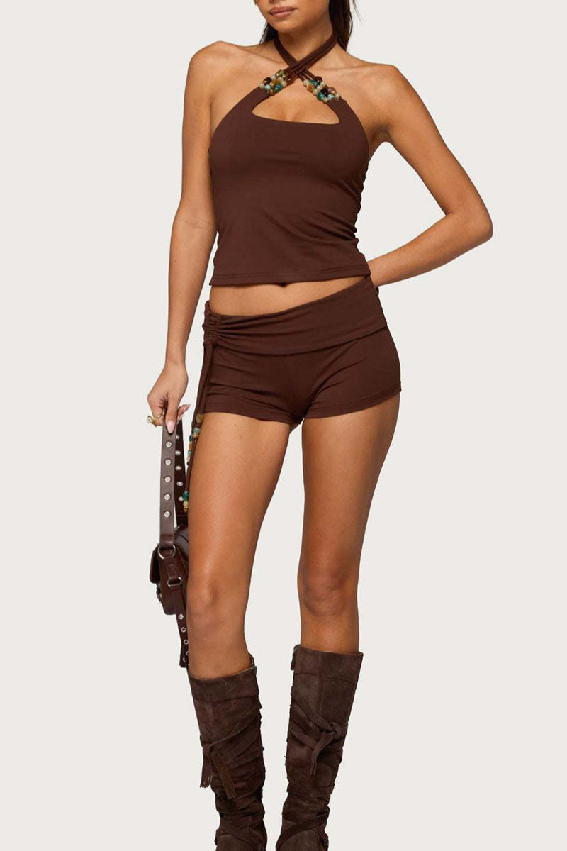 Beaded Halter Pleated Short Set