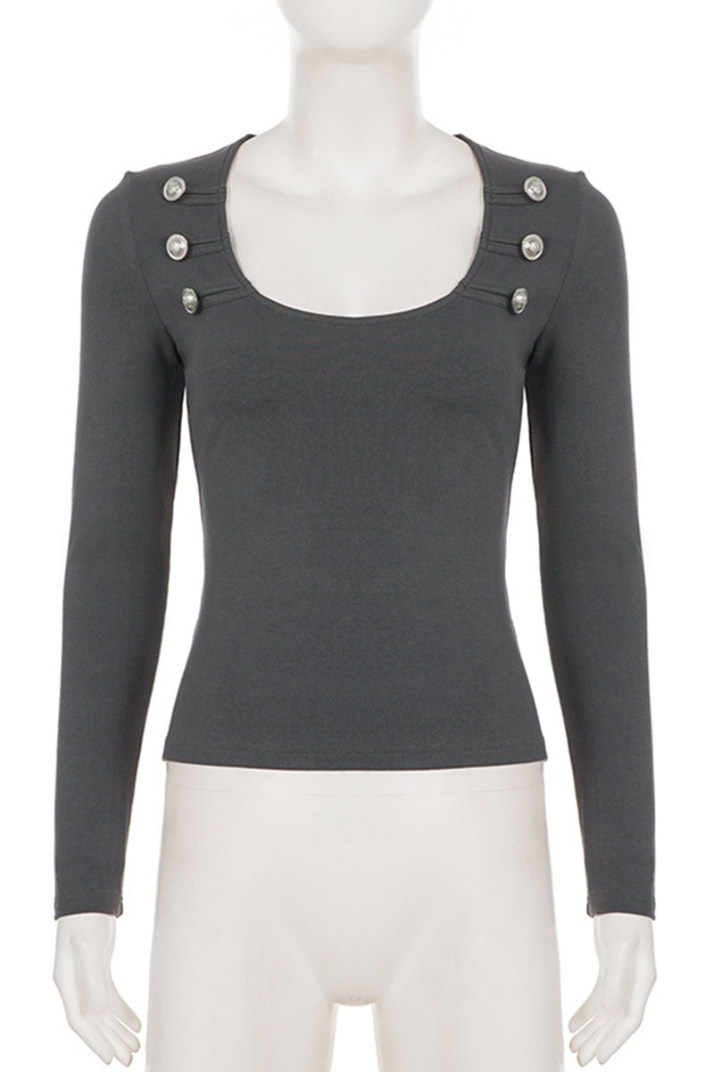 Button Square Neck Long Sleeve Blouse