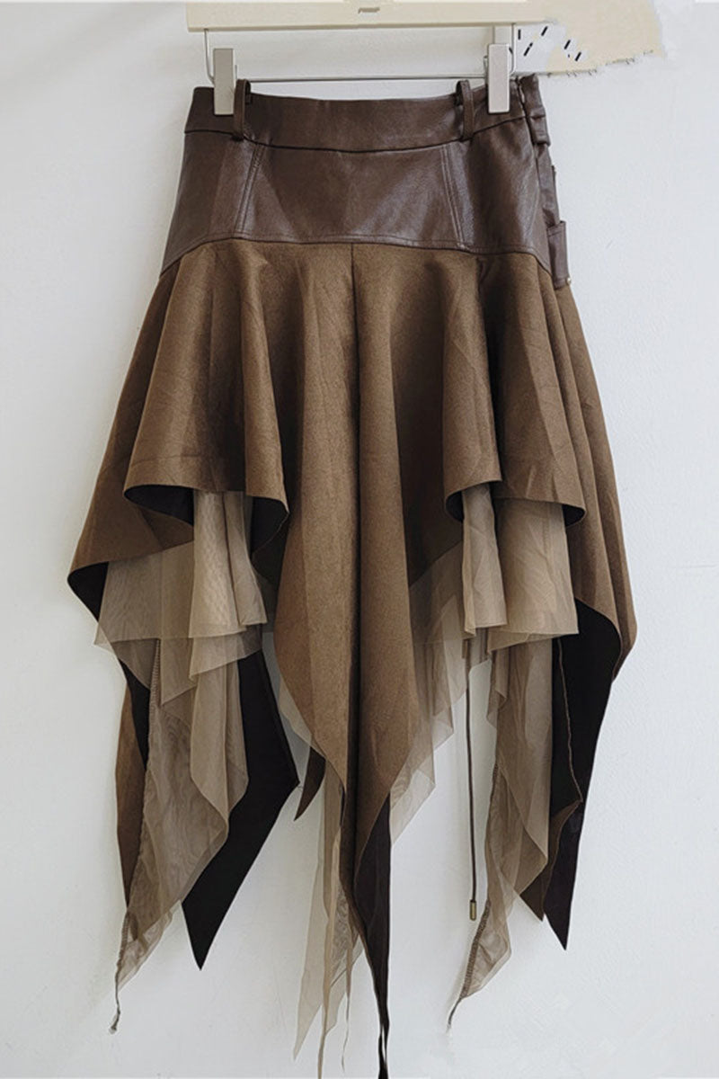 Belted Asymmetric Layered Mesh Midi Skirt