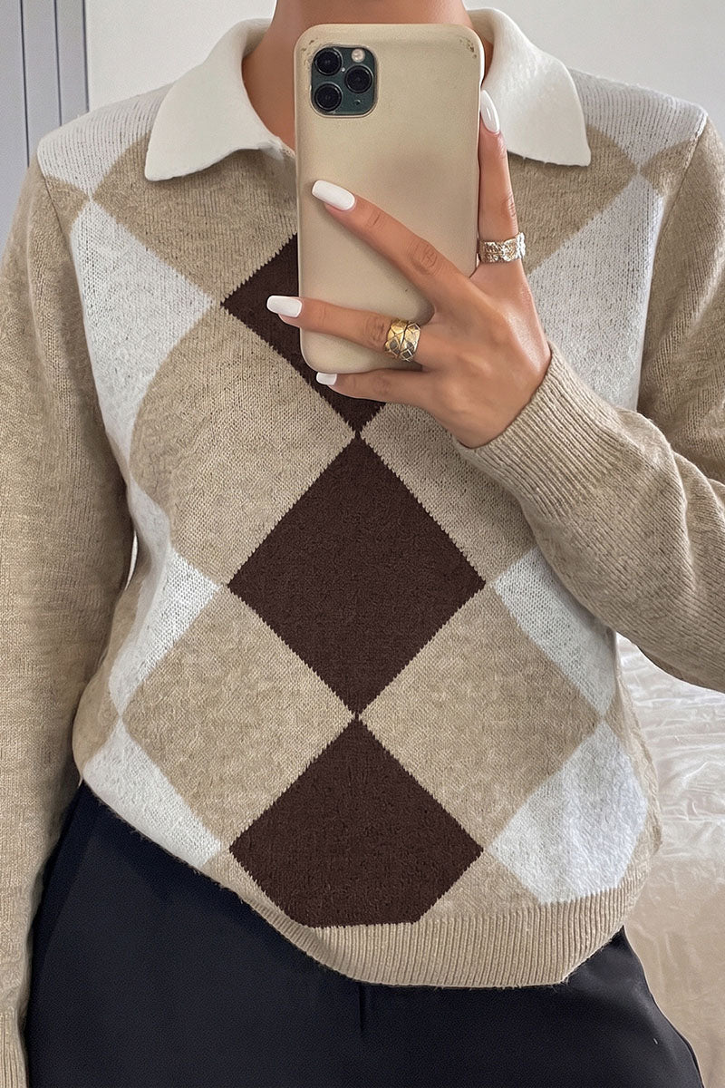 Argyle Knit Polo Collar Sweater