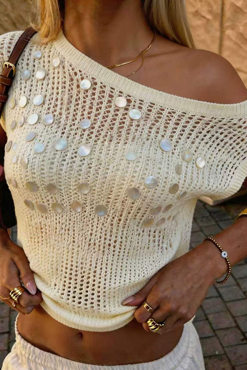 Asymmetric Knit Mesh Shell Embellished Top