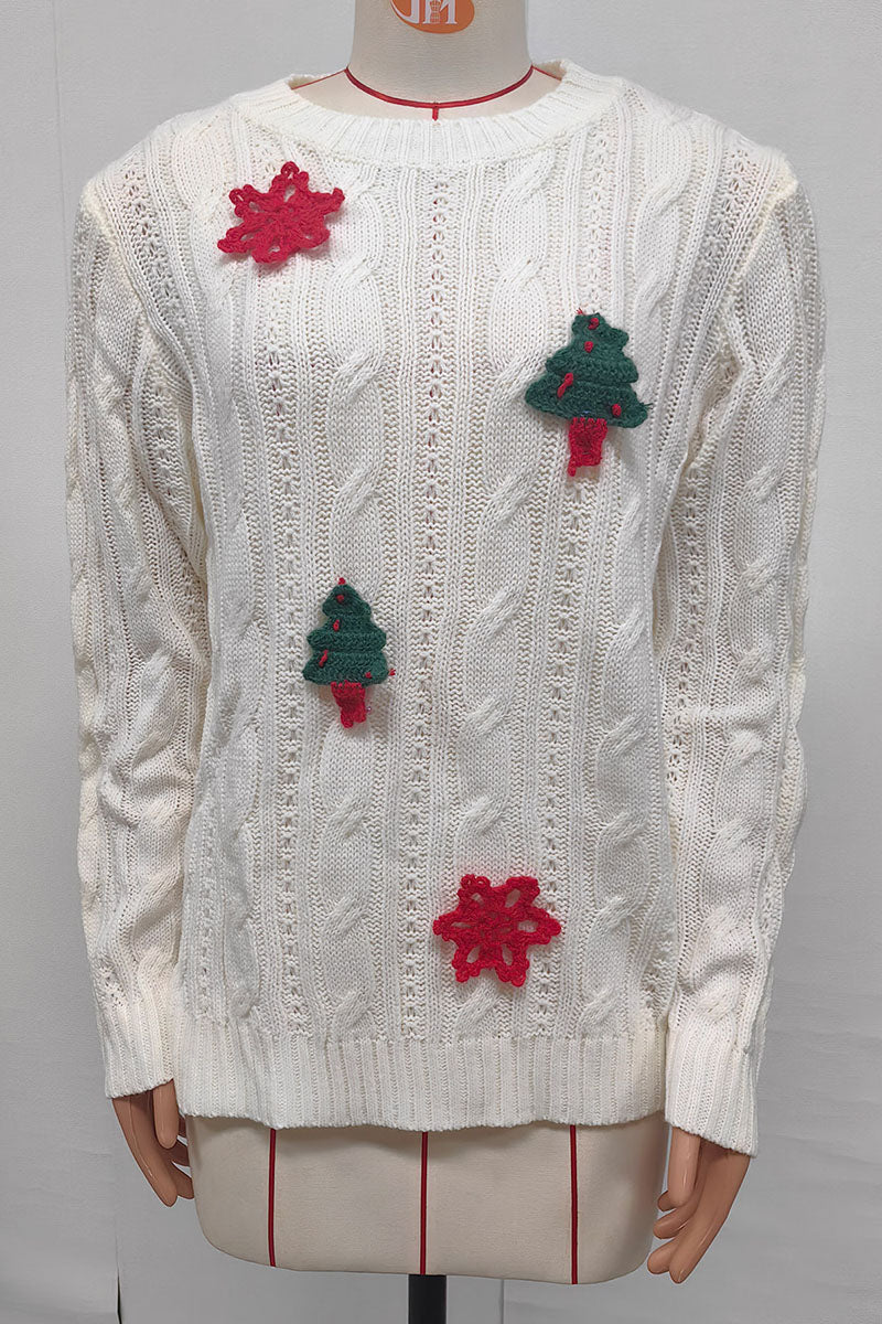 Applique Cable Knit Crew Neck Sweater