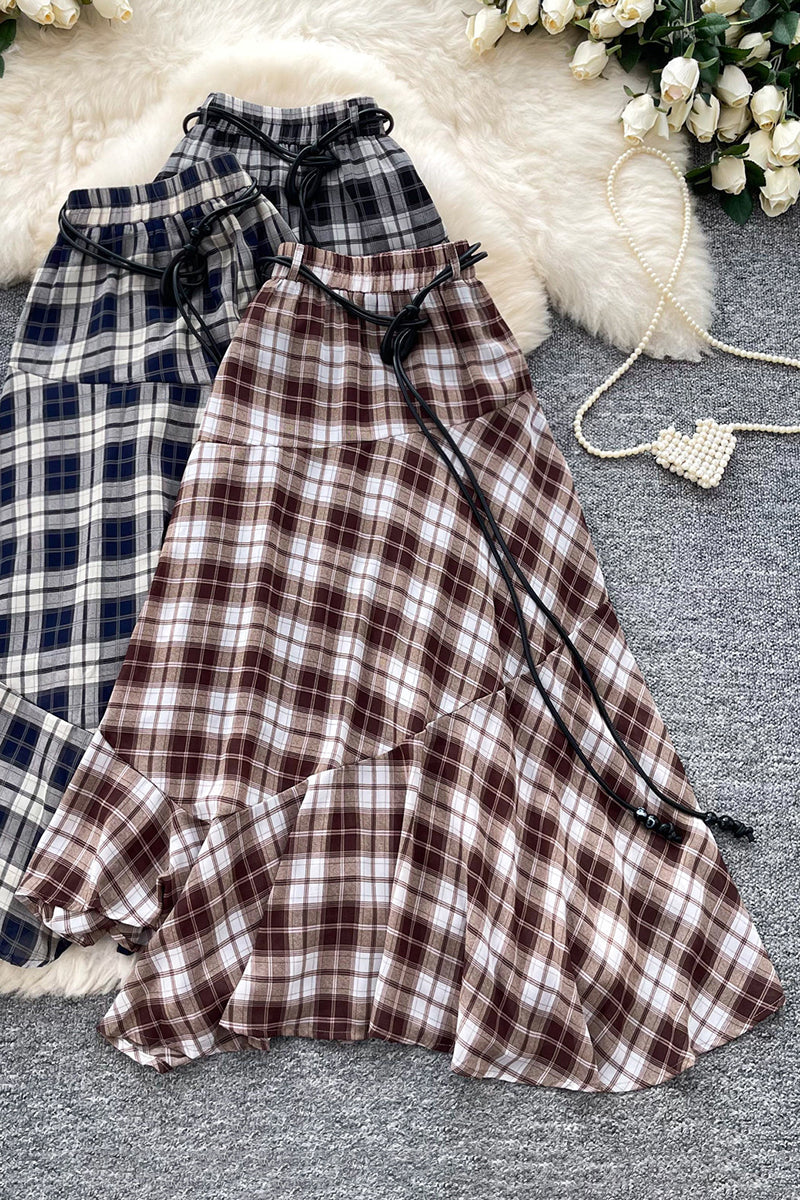 Asymmetric Plaid Midi Skirt