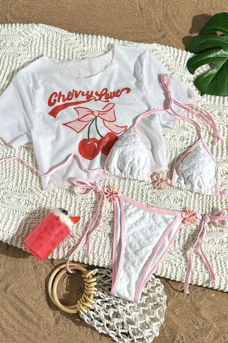 Bikini Set with Cherry Sheer Top