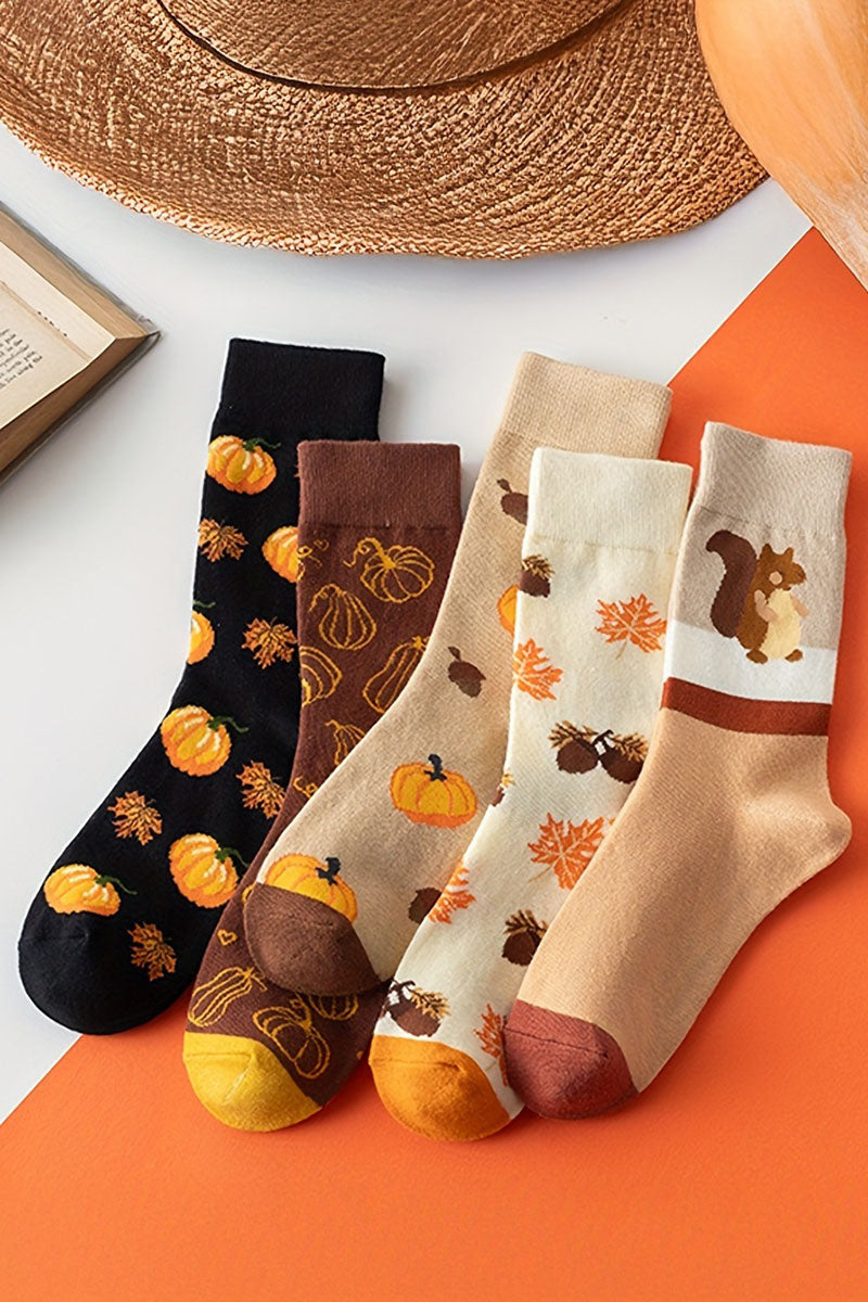 Autumn Pumpkin Squirrel Knit Socks