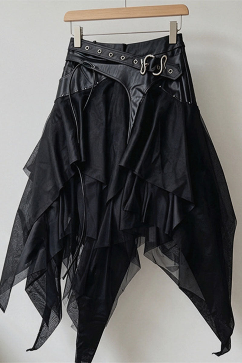 Belted Asymmetric Layered Mesh Midi Skirt