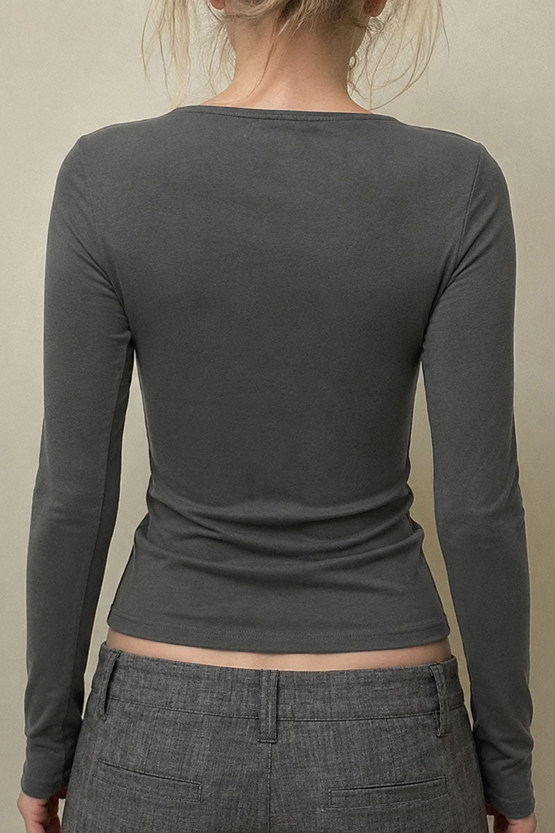 Button Square Neck Long Sleeve Blouse