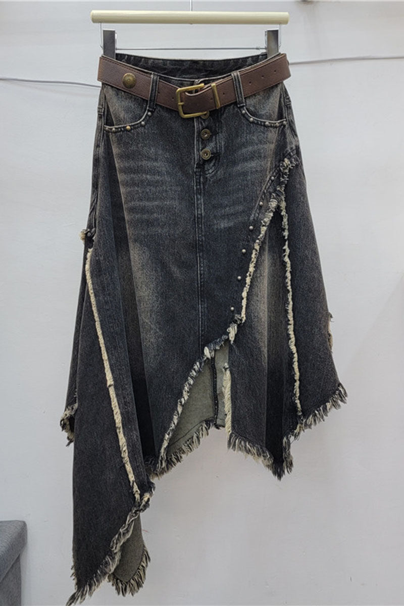 Asymmetric Frayed Hem Denim Skirt