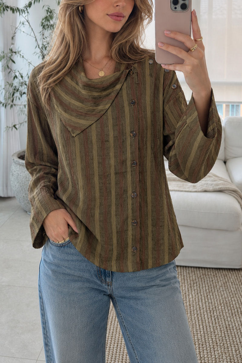 Asymmetric Collar Striped Long Sleeve Shirt