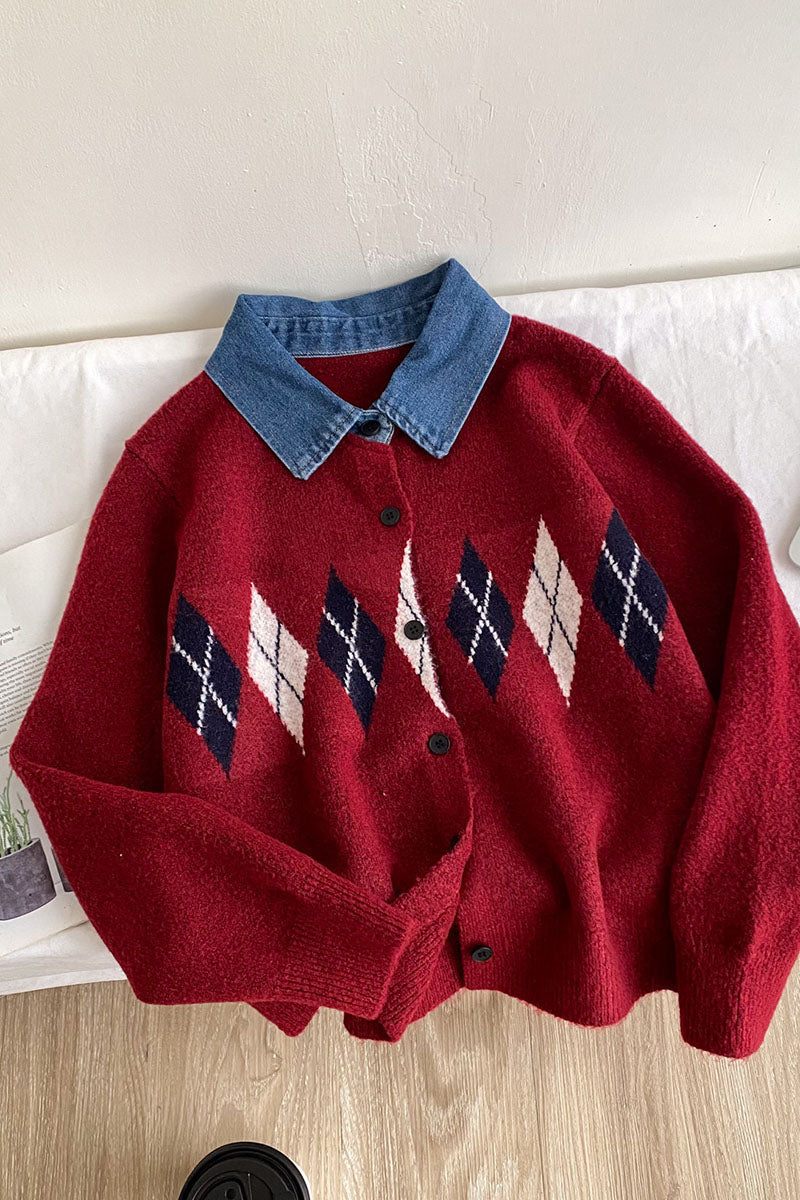 Argyle Knit Denim Collar Cardigan