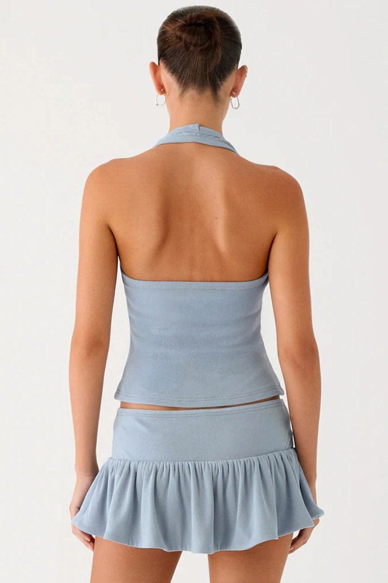 Button Detail Halter Crop Top and Ruffle Skirt Set