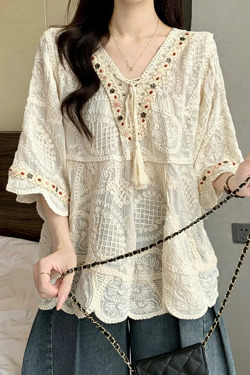 Boho Beaded Tie-Front Bell Sleeve Top