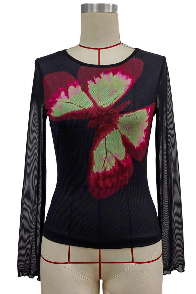 Butterfly Print Mesh Sleeve Crew Neck Top