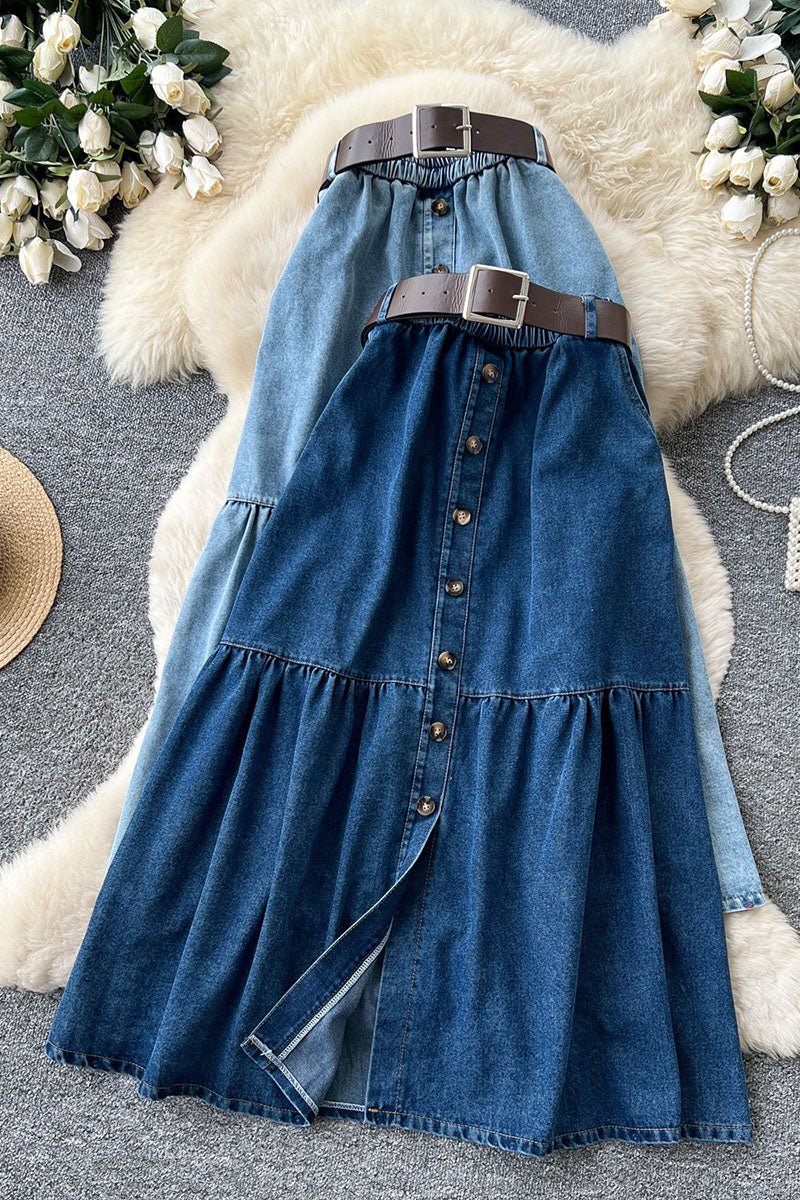 Button Front Slit Denim Skirt