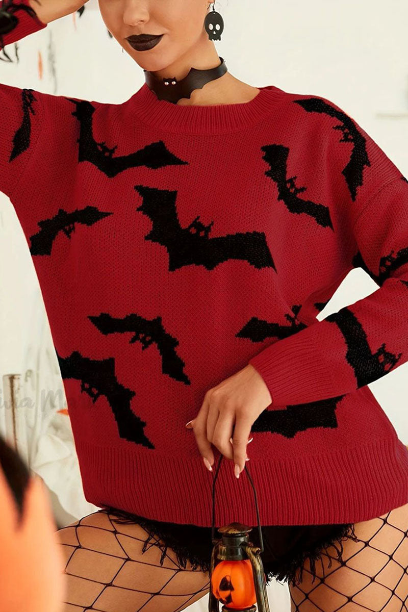Bat Print Crew Neck Knit Sweater