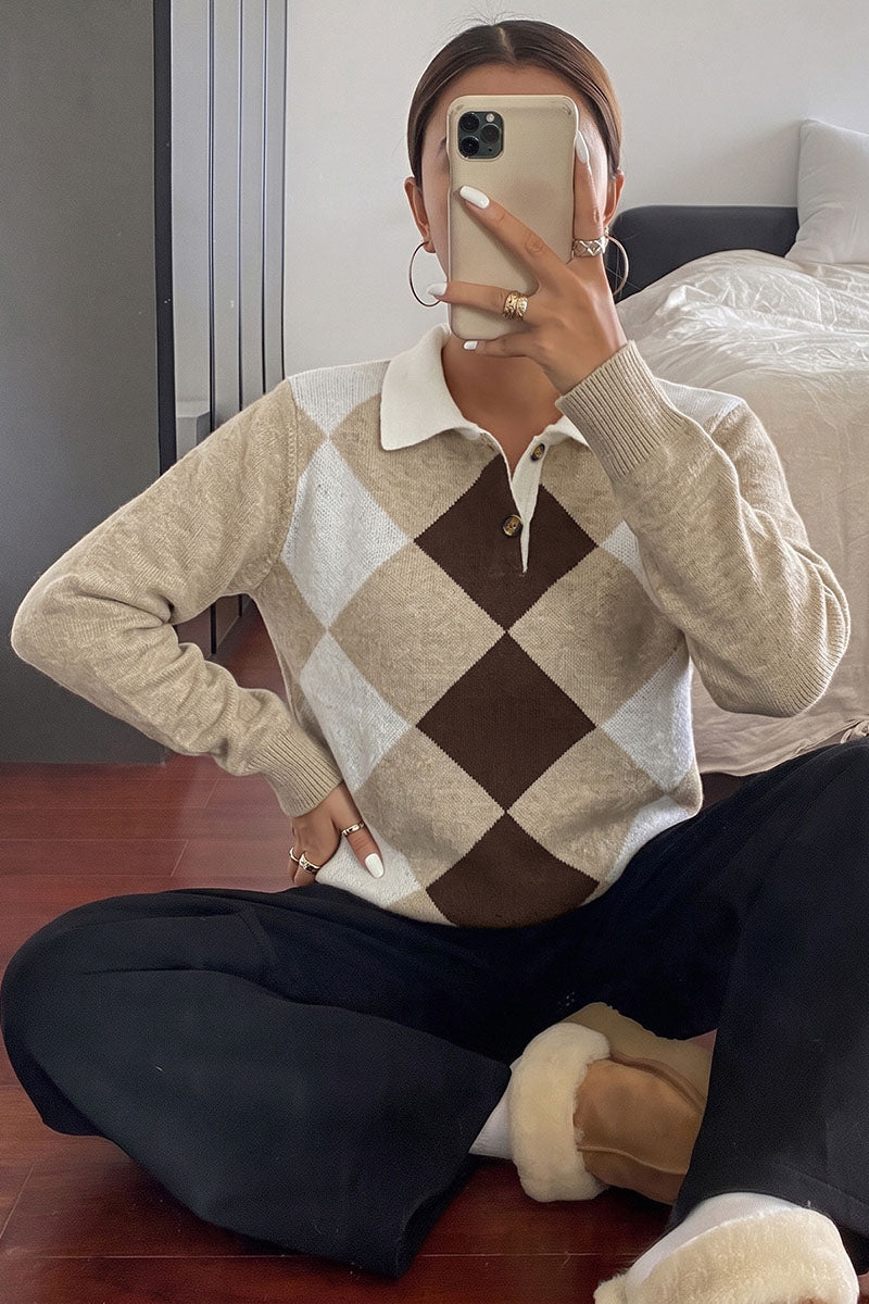 Argyle Knit Polo Collar Sweater