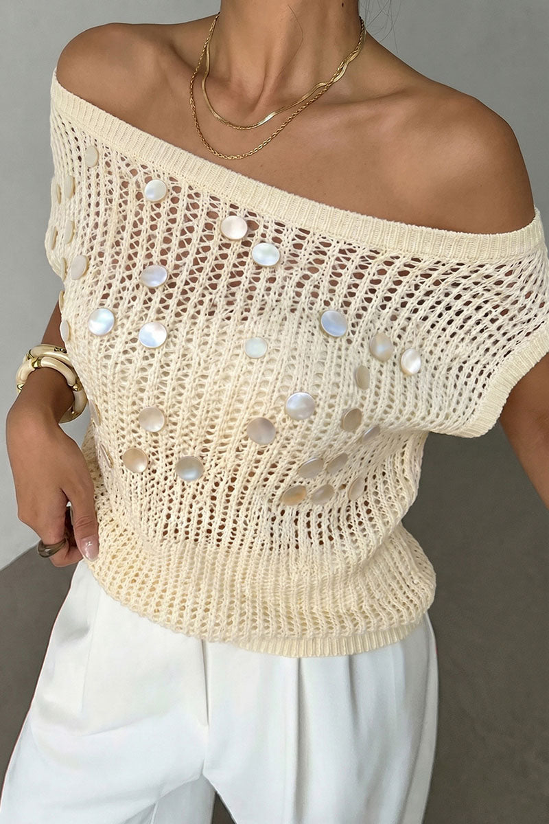 Asymmetric Knit Mesh Shell Embellished Top