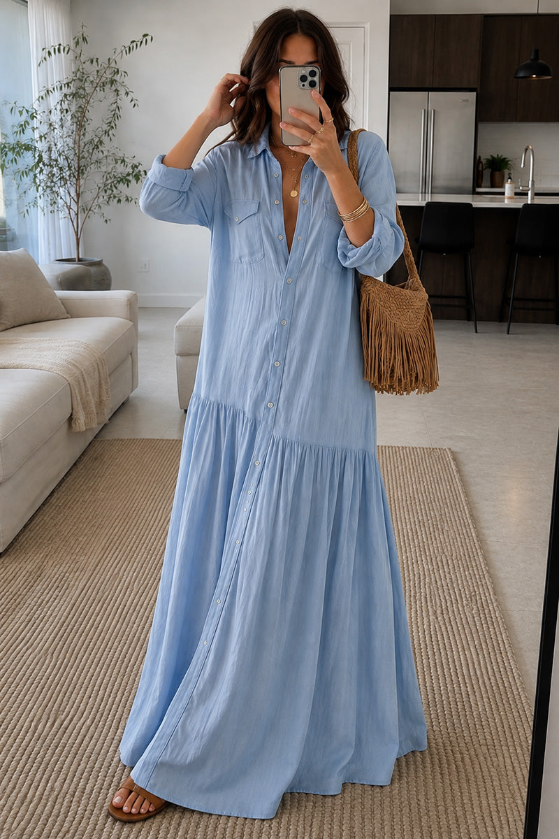 Button Down Collar Tiered Maxi Casual Dress
