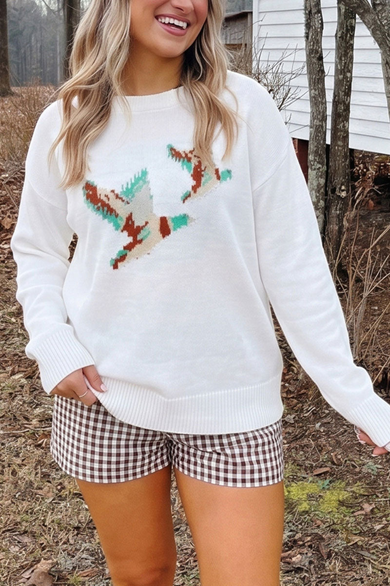 Bird Intarsia Crew Neck Knit Sweater