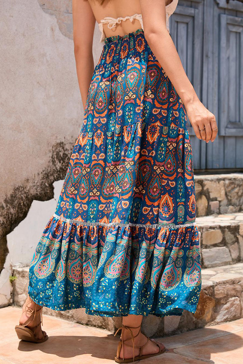 Boho Print Elastic Waist Midi Skirt