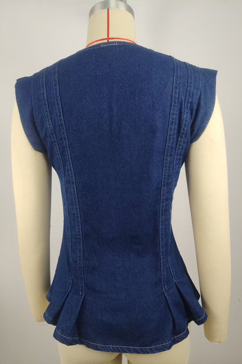 Button V-Neck Denim Vest