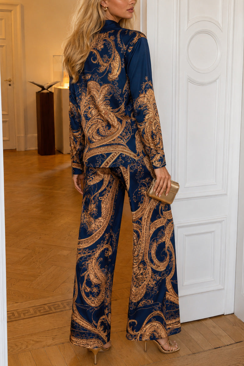 Baroque Print Collared Wide-Leg Pants Set