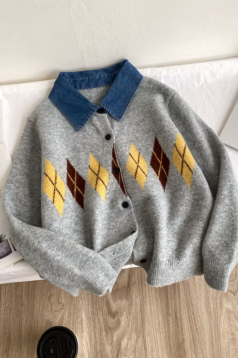 Argyle Knit Denim Collar Cardigan