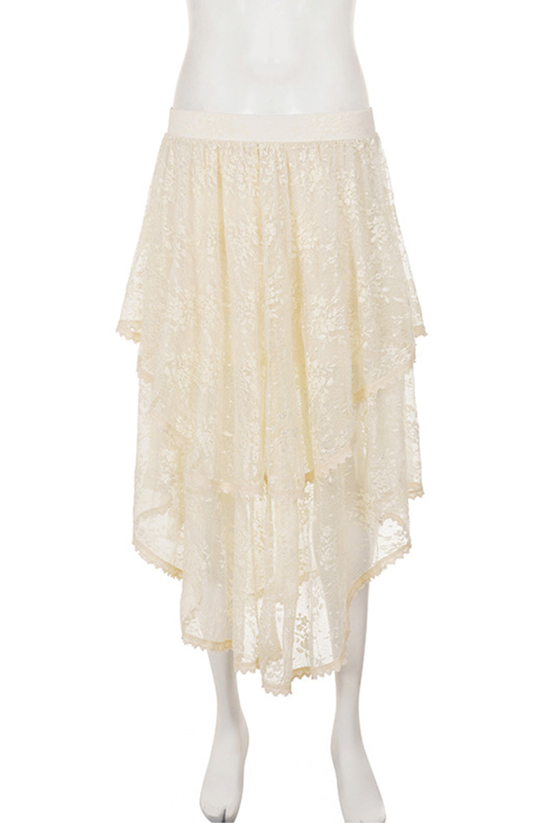 Asymmetrical Hem Lace Midi Skirt