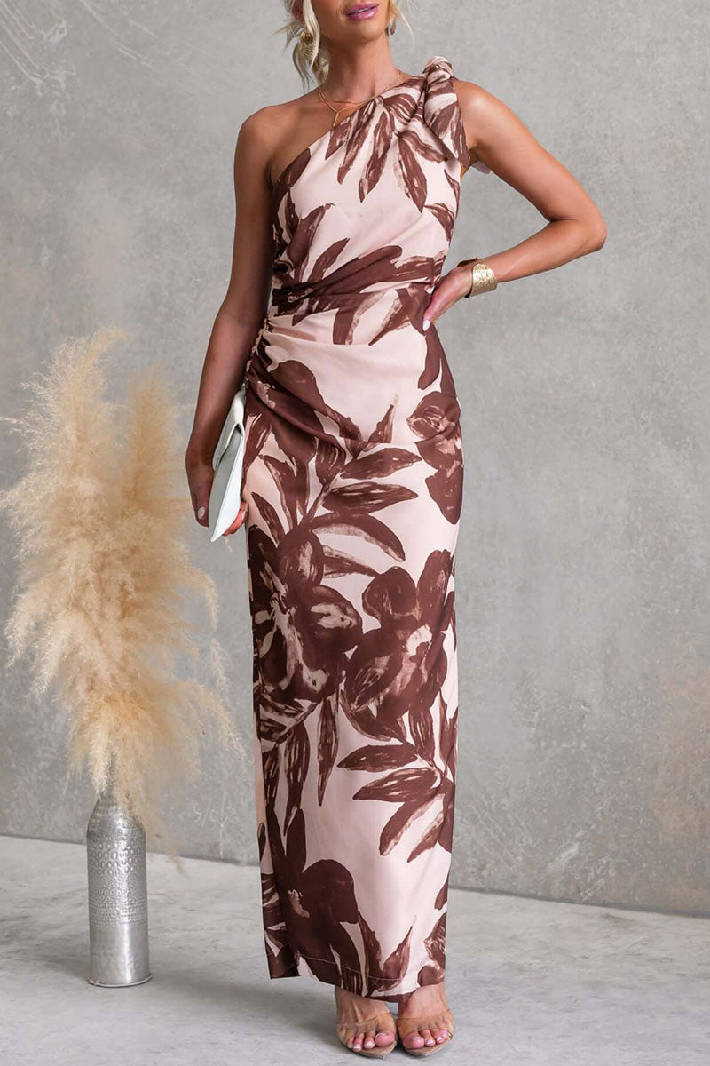 Botanical Print One-Shoulder Dress