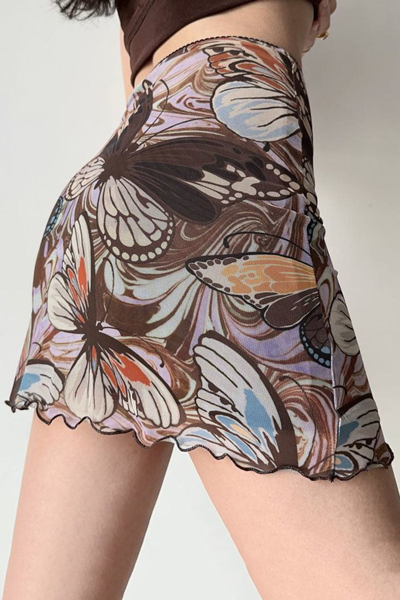 Butterfly Print Sheer Ruched Mini Skirt