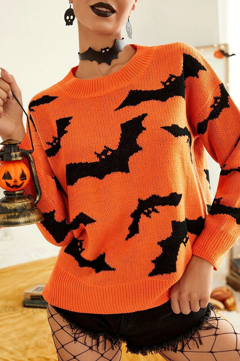 Bat Print Crew Neck Knit Sweater