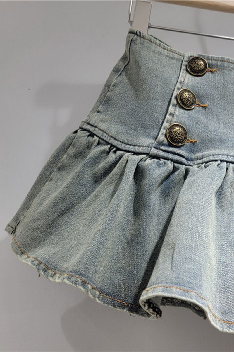 Button Ruffle Denim Skirt