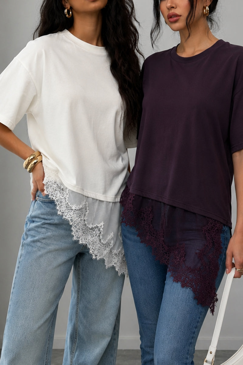 Asymmetrical Lace Hem T-Shirt