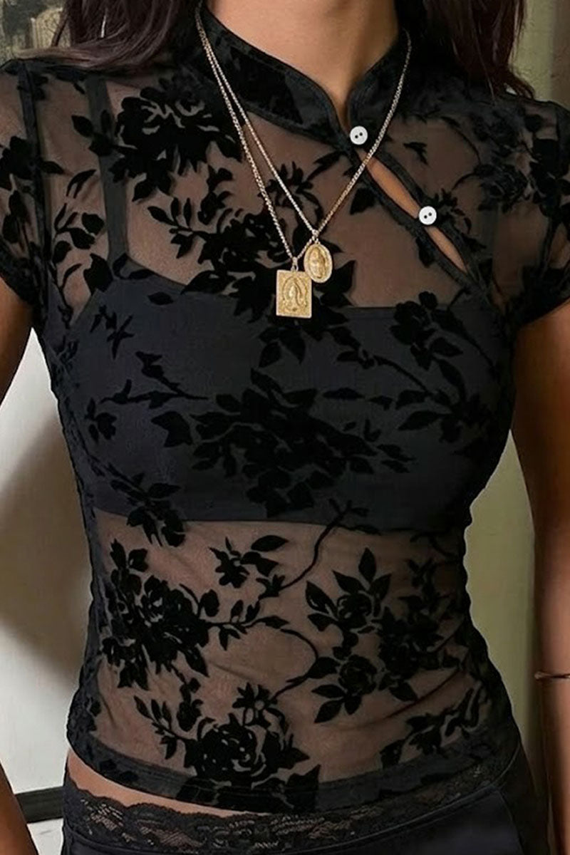 Button Floral Sheer Top