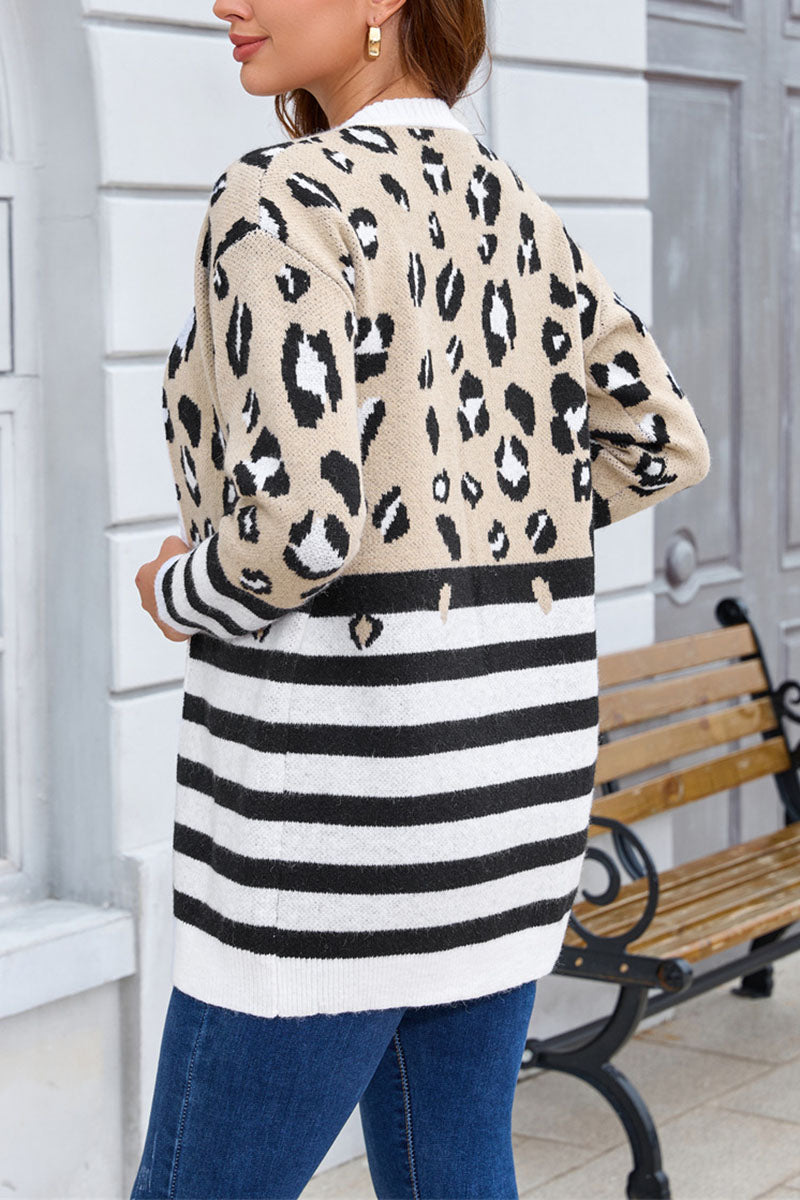 Animal Print Striped Open Front Cardigan