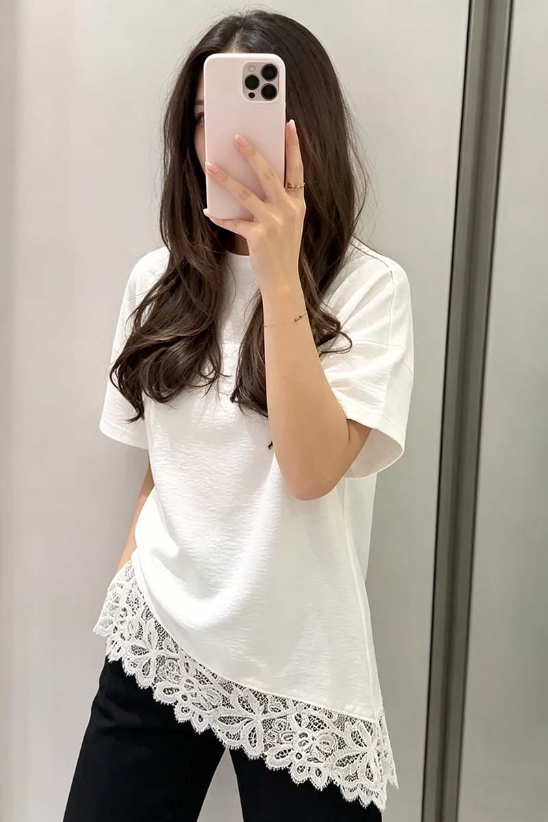 Asymmetric Hem Lace Trim T-Shirt