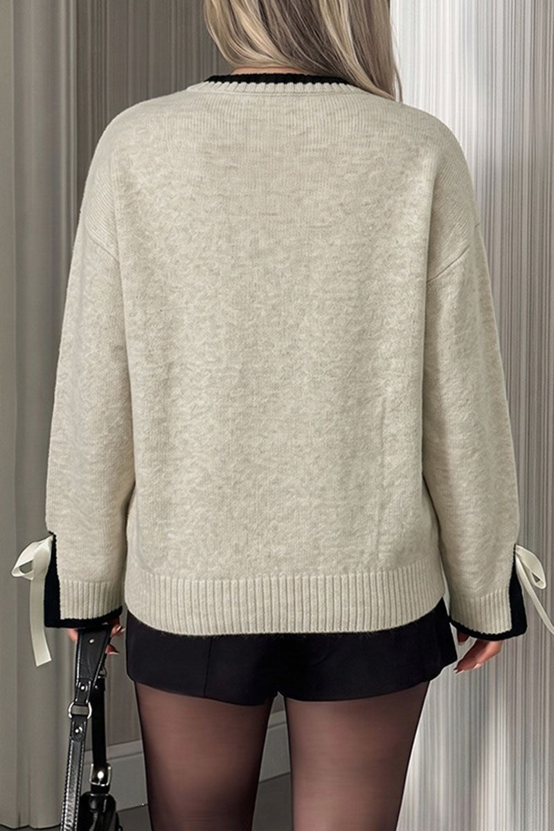Bow Tie Cuff Crew Neck Knit Sweater