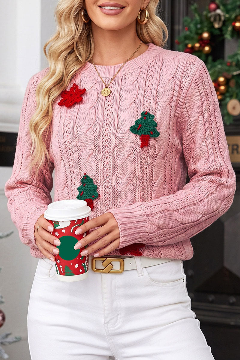 Applique Cable Knit Crew Neck Sweater