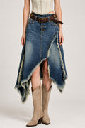Asymmetric Frayed Hem Denim Skirt