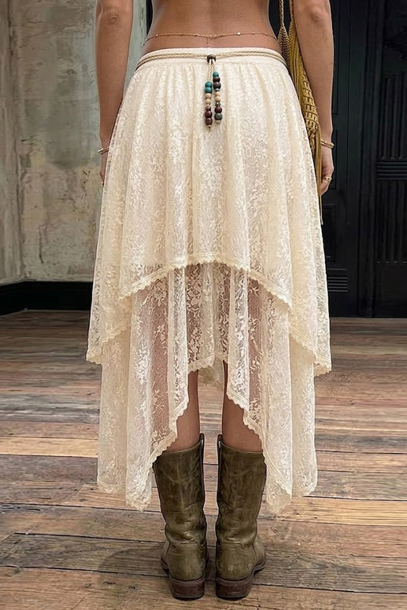 Asymmetrical Hem Lace Midi Skirt