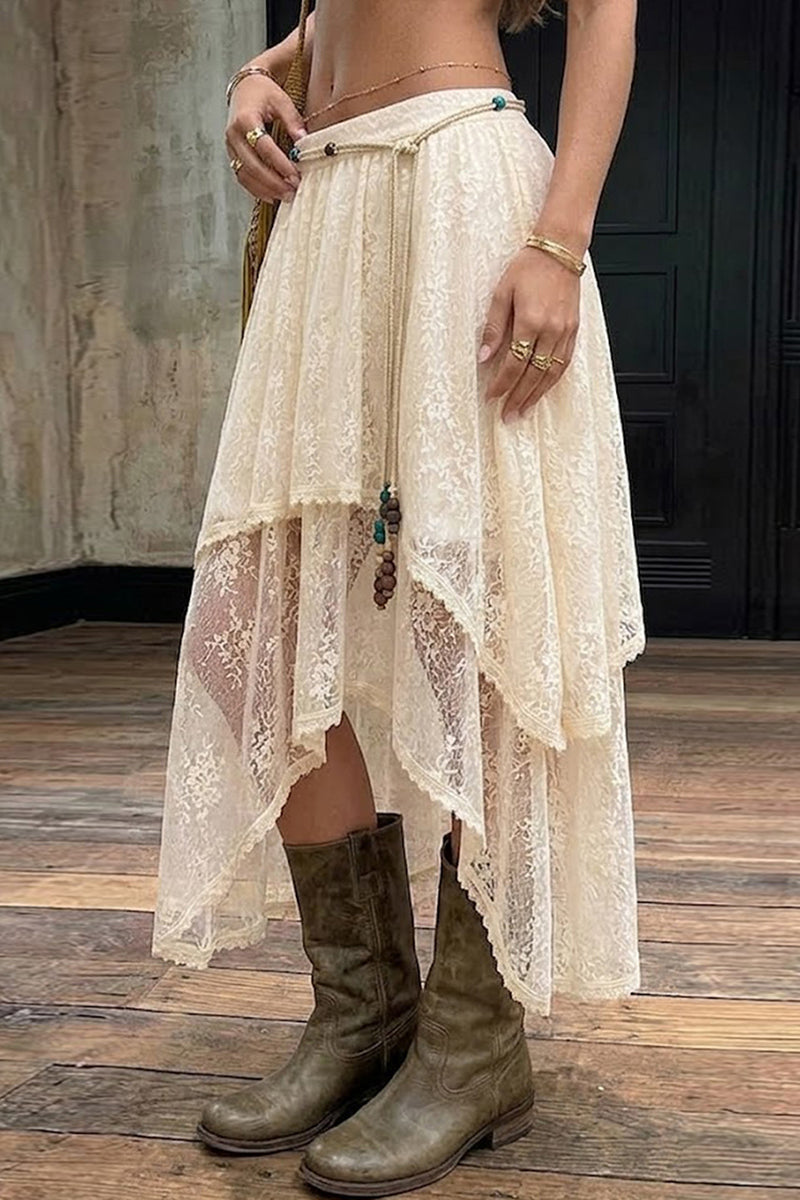 Asymmetrical Hem Lace Midi Skirt