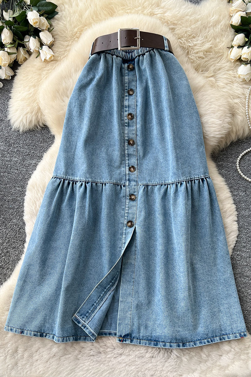 Button Front Slit Denim Skirt
