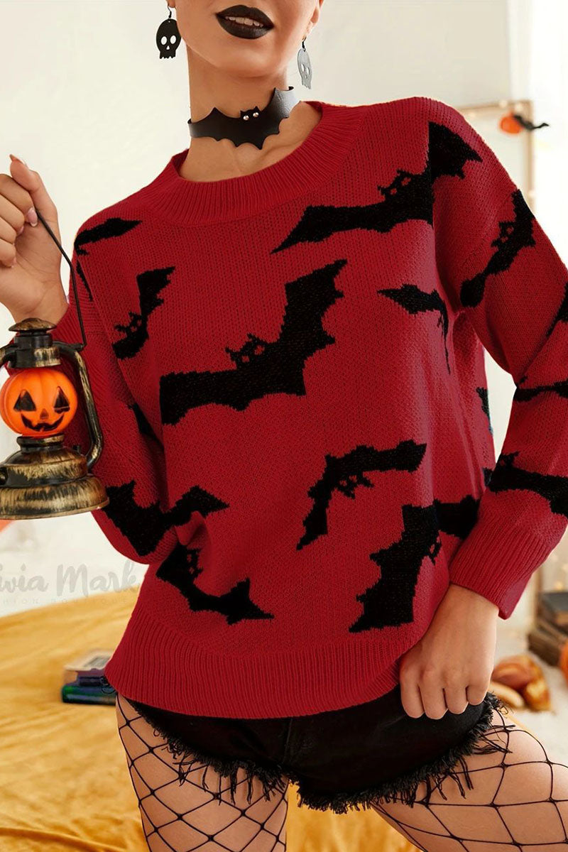 Bat Print Crew Neck Knit Sweater