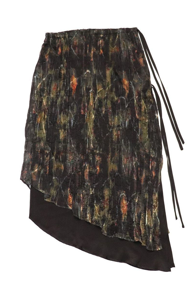Abstract Print Pleated Asymmetrical Overlay Skirt