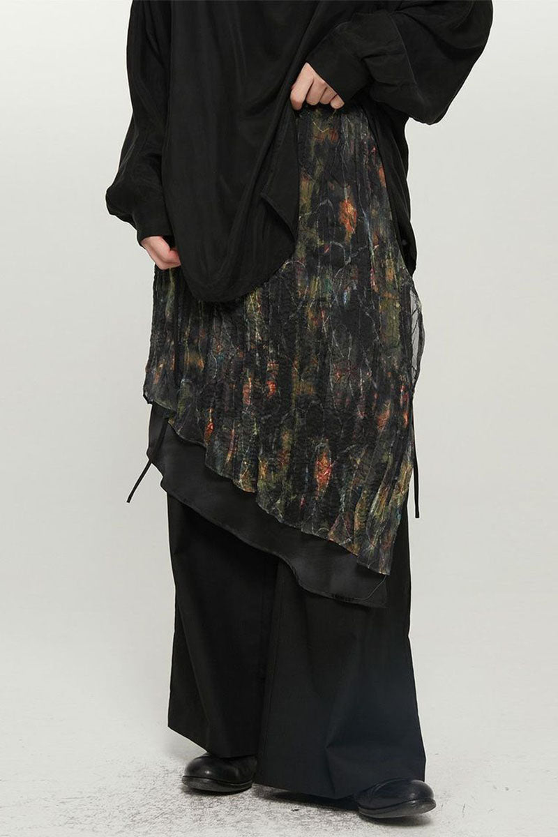 Abstract Print Pleated Asymmetrical Overlay Skirt