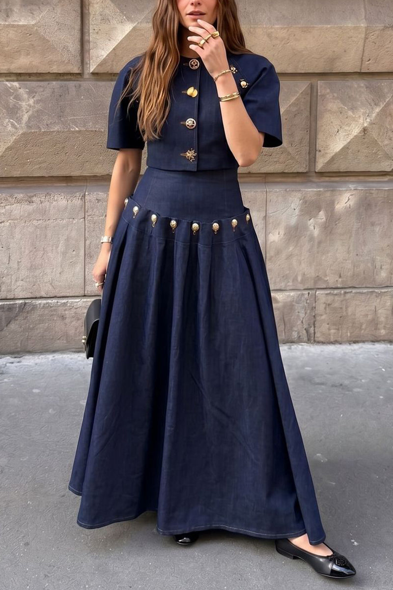Button-Detail Short Sleeve Skirt Set