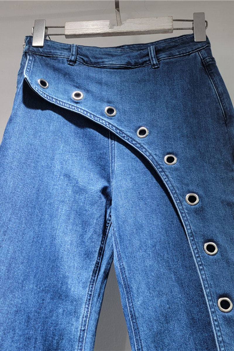 Asymmetric Eyelet Flare Baggy Jeans