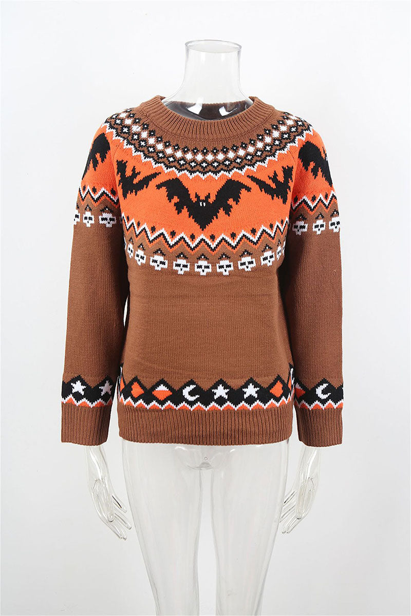 Bat Print Crew Neck Knit Sweater
